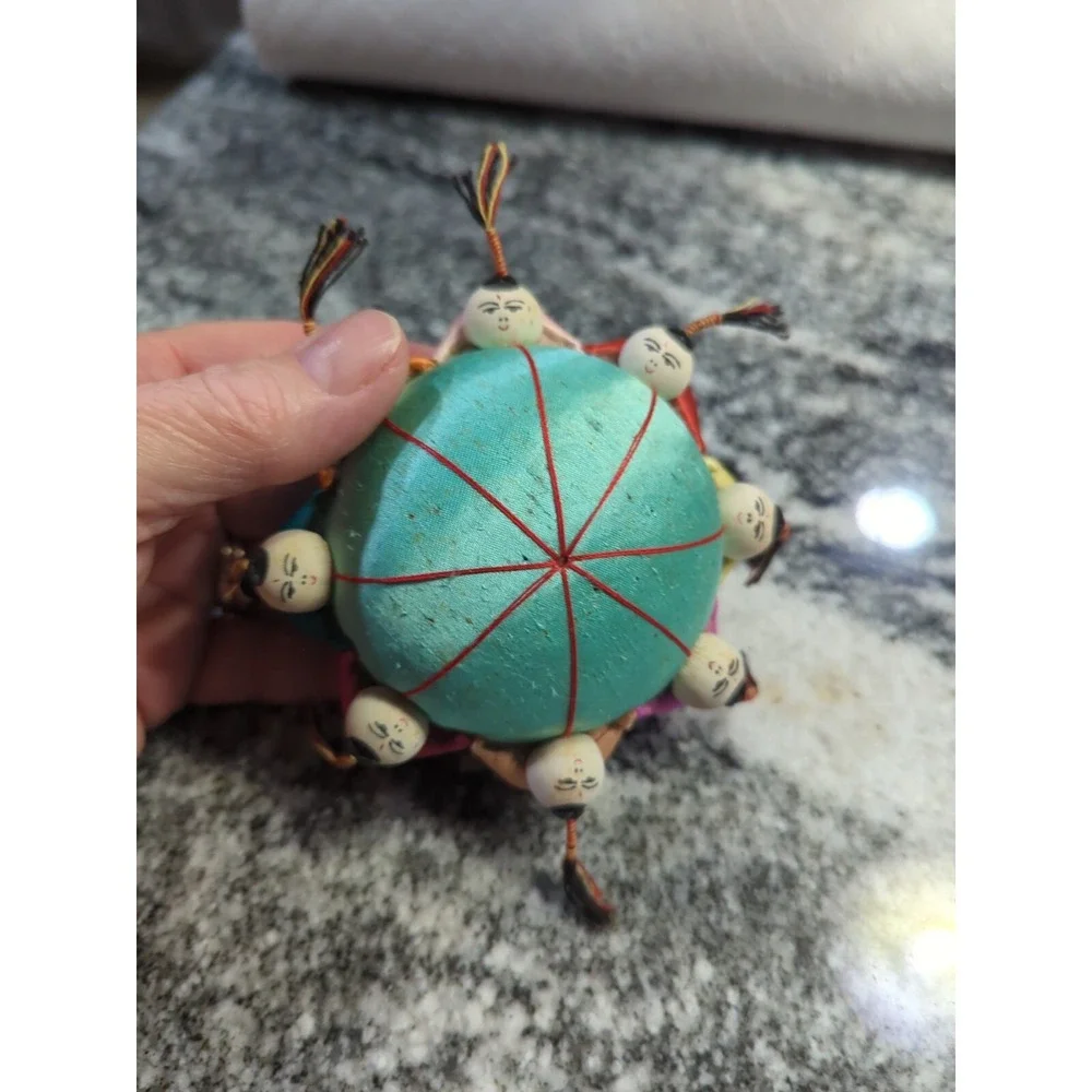 Vintage Silk Pin Cushion Chinese Dolls Aqua Cushion Hand painted  5